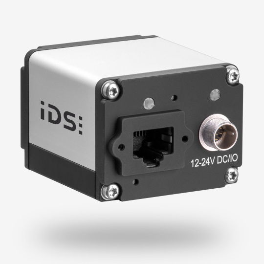 Caméra industrielle IDS uEye SE vue arrière inclinée avec connecteurs.