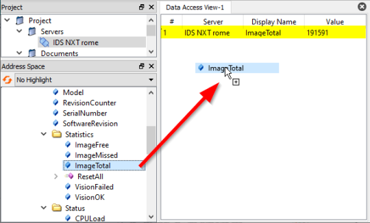 Par glisser-déposer, des informations peuvent être affichées sur Data Access View-1, ici ImageTotal.