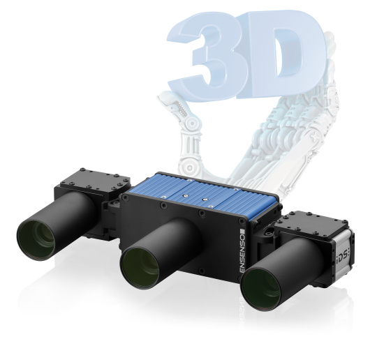 Caméra Ensenso série X et, en arrière-plan, une main robotique tenant une inscription « 3D