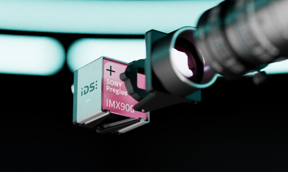 Caméra de surveillance IDS, étiquette portant la mention « Sony Pregius IMX900 » et objectif