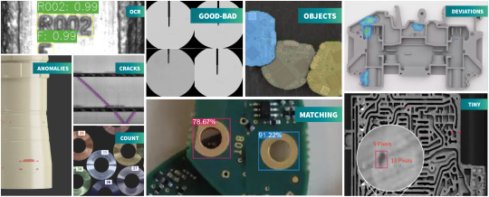 Plusieurs images issues de différentes applications IA DENKnet illustrent par exemple la détection d'anomalies et d'objets, les contrôles « bon/mauvais », le comptage d'objets et la ROC.