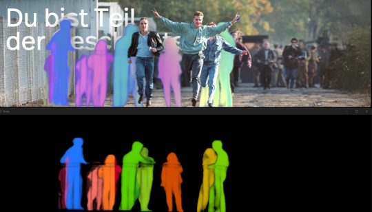 Image en deux parties représentant des silhouettes colorées de personnes intégrées à une photo d'époque