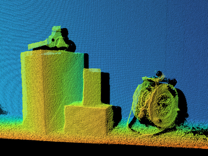 Nuage de points 3D coloré représentant des objets situés à différentes hauteurs