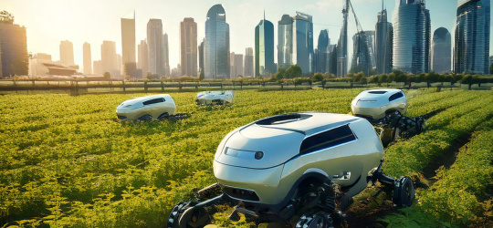 Robot agricole dans un champ avec skyline urbaine en arrière-plan.