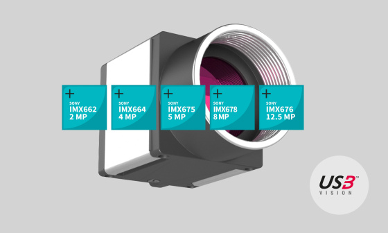 5 carrés avec les désignations des capteurs IMX devant la caméra IDS avec l'icône USB3 Vision