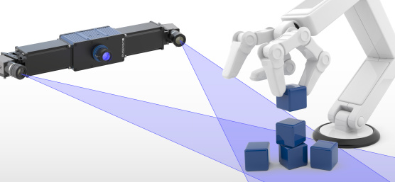 Illustration d'un bras robotisé empilant des caisses et d'une caméra 3D Ensenso.