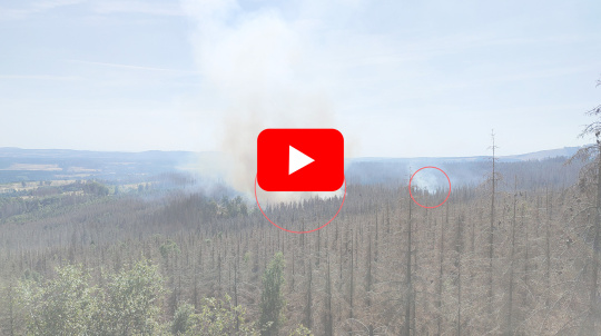 Une forêt avec des foyers d'incendie encerclés. Au-dessus, le bouton de lecture YouTube.