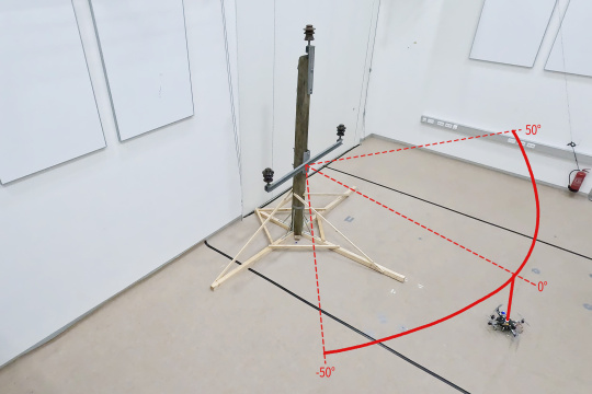 Visualisation d'une trajectoire de drone autour d'un modèle de pylône électrique en rouge