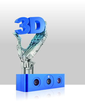 Une main robotique sort d'une caméra Ensenso et tient l'inscription 3D.