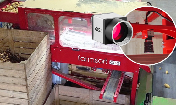 Une caméra industrielle IDS surveille le tri de pommes de terre dans l'installation farmsort