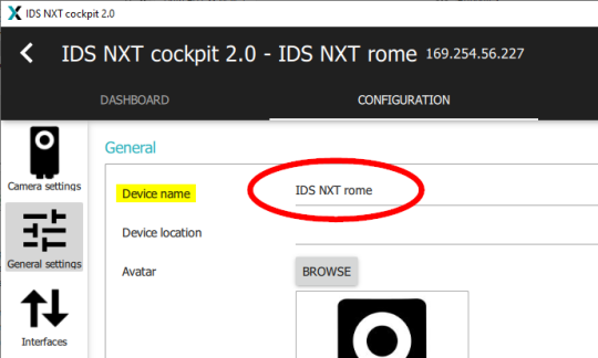 Dans les Generel settings, le Device Name IDS NXT rome est entouré en rouge.