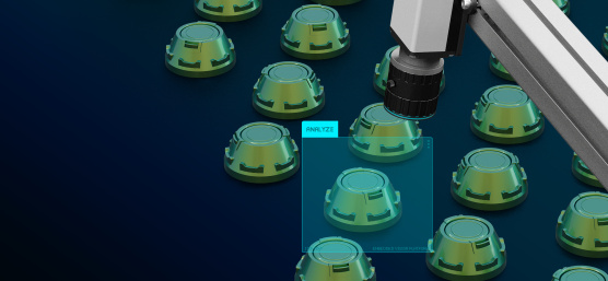 Contrôle de qualité par intelligence artificielle de pièces sur un tapis roulant.