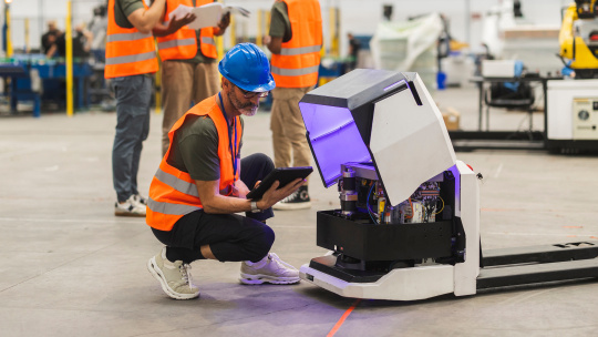 Personne inspectant un robot mobile ouvert avec une tablette.