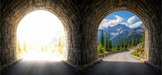 Vue à travers un tunnel avec arrière-plan surexposé, comparée à une image avec HDR