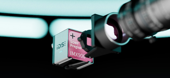 Caméra de surveillance IDS, étiquette portant la mention « Sony Pregius IMX900 » et objectif