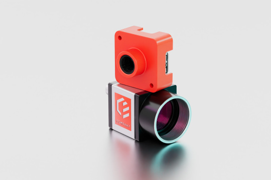 Exemple de caméra industrielle IDS avec boîtier orange et logo personnalisé