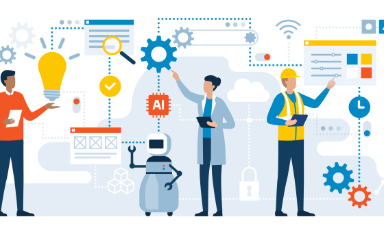 Représentation graphique de deux personnes et d'un robot, nombreux symboles différents comme AI, WLAN ou engrenages