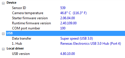 Le gestionnaire de caméra IDS affiche les paramètres de connexion USB d'une caméra.