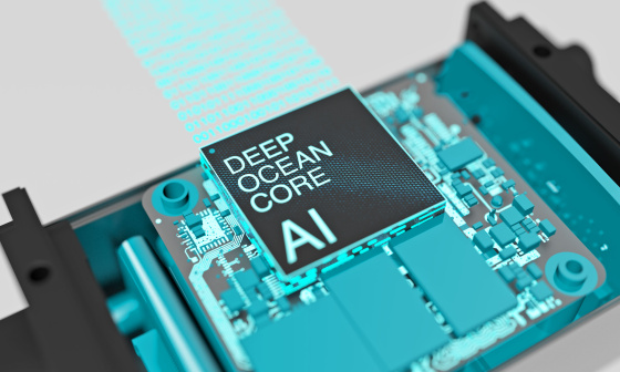 Sur la platine se trouve une puce sur laquelle est inscrit DEEP OCEAN CORE AI.